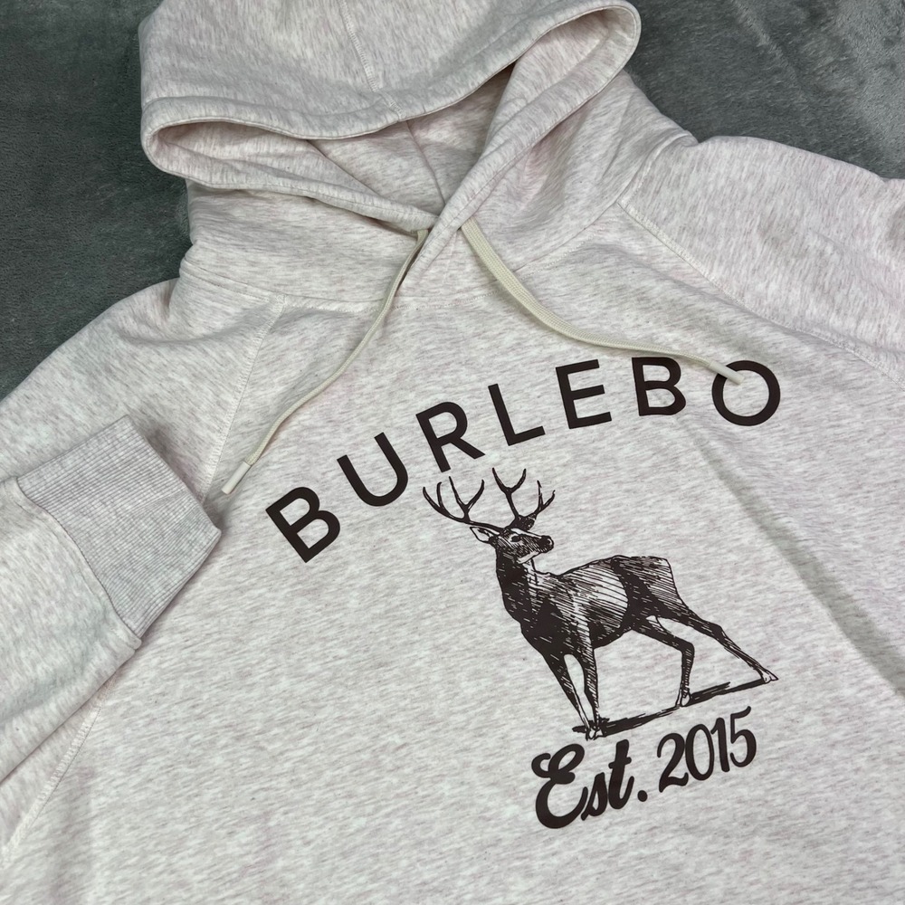 Burlebo Fleece Hoodie Mens XL Oatmeal Heather Whitetail Deer Graphic Pullover